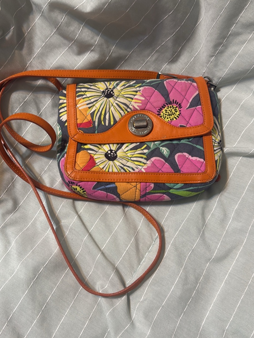 Vera Bradley Floral Quilted Crossbody Bag with Orange Trim